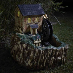Solar Powered Water Mill Fountain With Light -Green Garden World fountain mill night