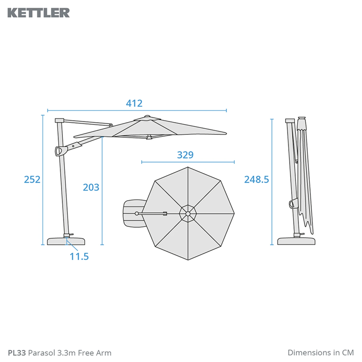 Kettler 3.3m Free Arm Grey Frame / Grey Taupe Canopy Parasol (with LED Lights And Wireless Speaker) 5 Kettler 3.3m Free Arm Grey Frame / Grey Taupe Canopy Parasol (with LED Lights And Wireless Speaker) - Image 3