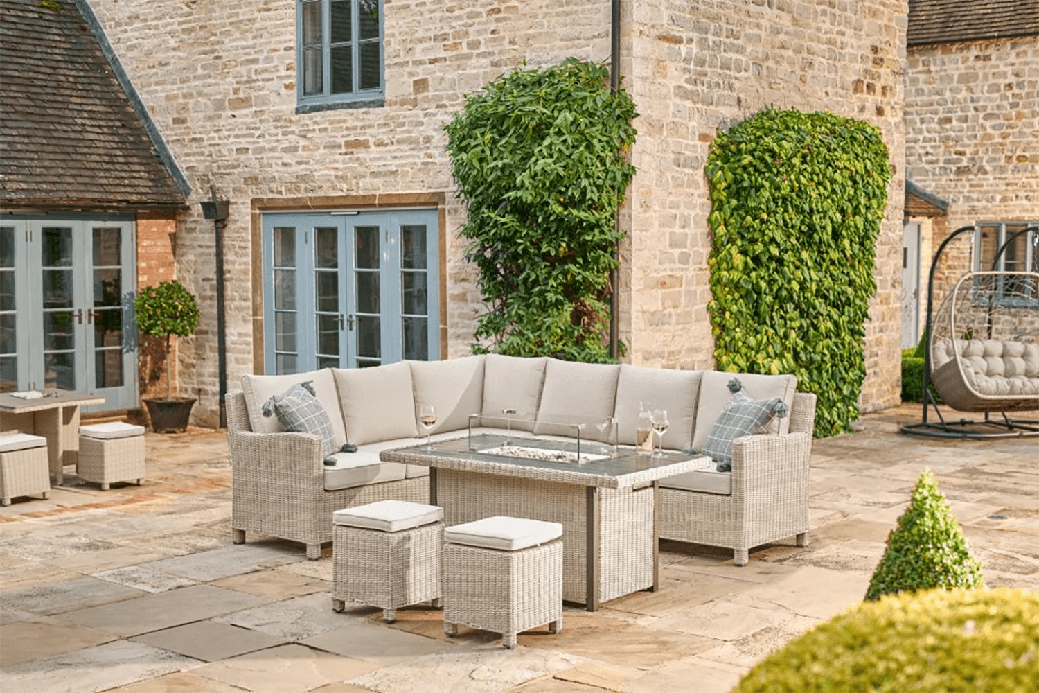 Kettler Palma Right Hand Corner Sofa With Fire Pit Table In Oyster And Stone 3 Kettler Palma Right Hand Corner Sofa With Fire Pit Table In Oyster And Stone